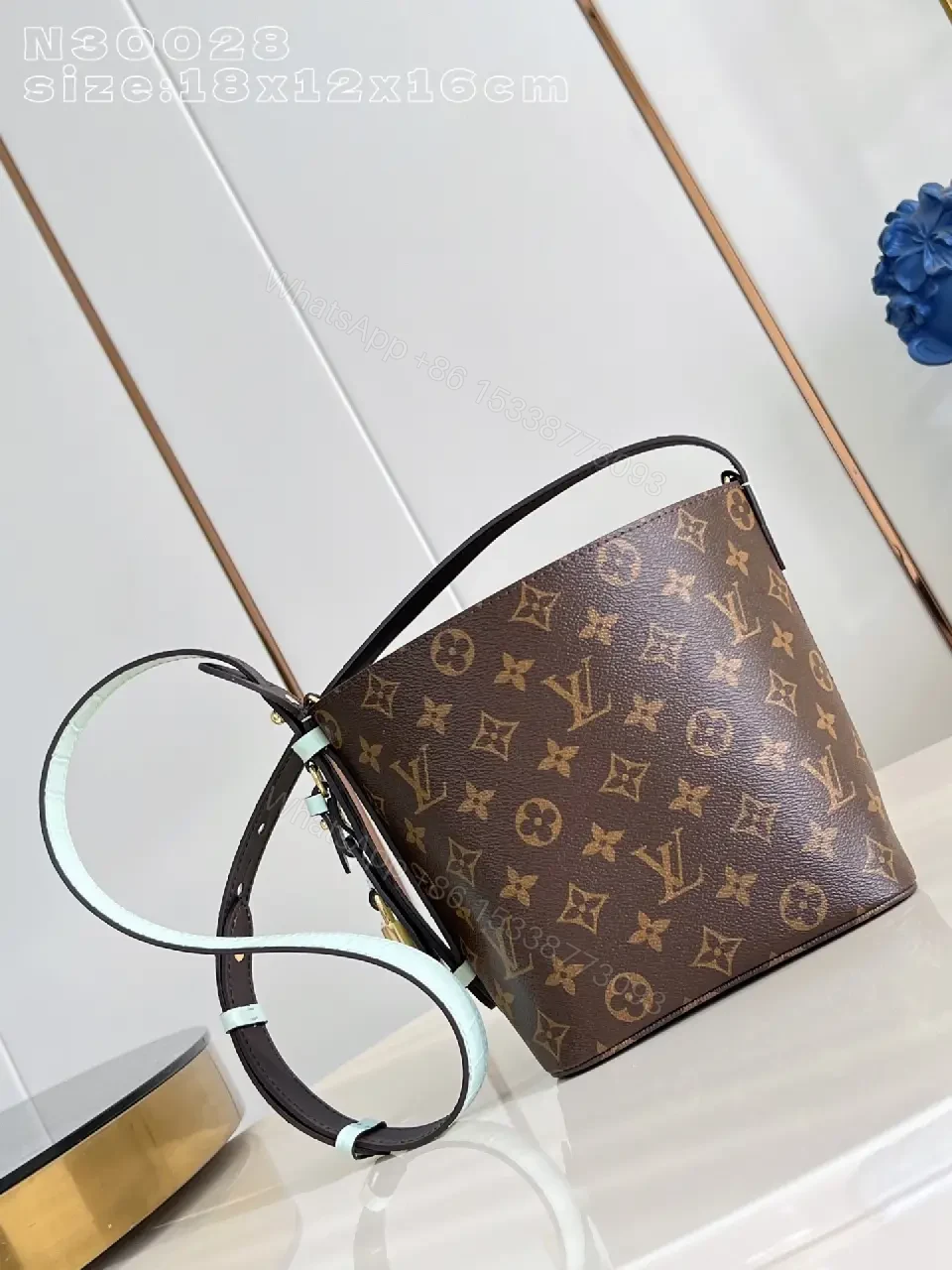 Brown Monogram Bucket Bag: Structured Crossbody with Aqua Strap — view 1