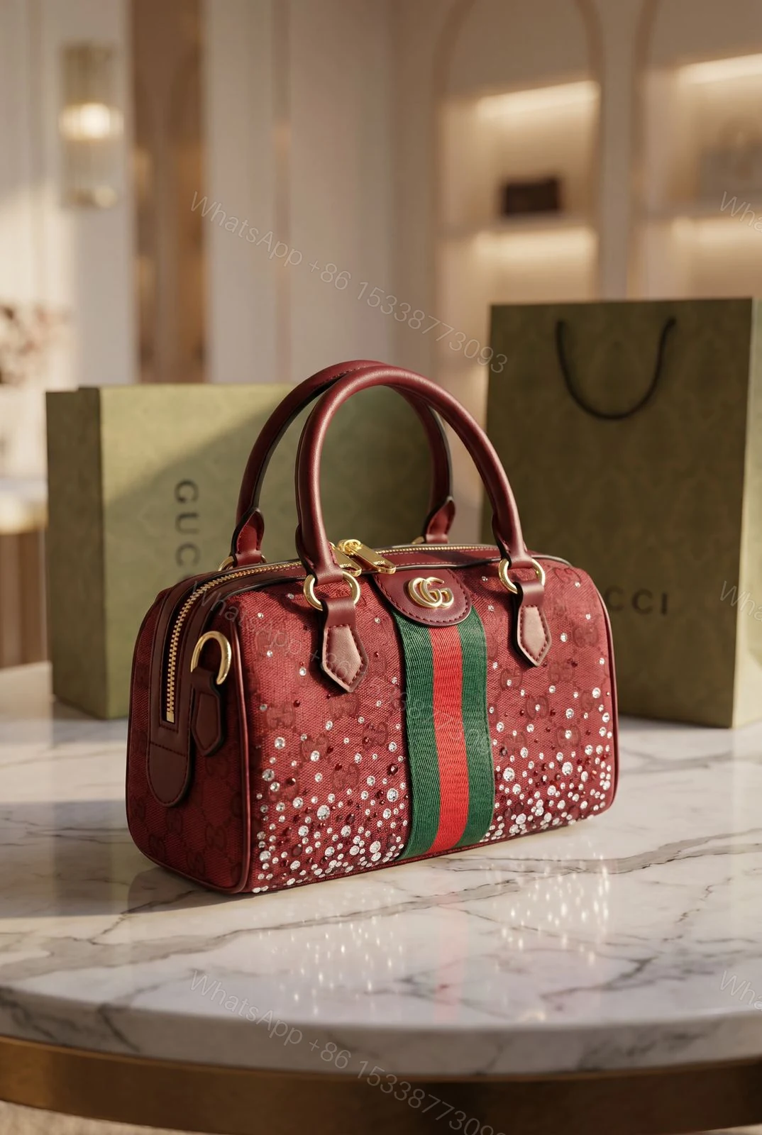 View 2 of Gucci Ophidia Crystal Boston Bag Maroon First Copy | 12@ AAA+ Premium Replica