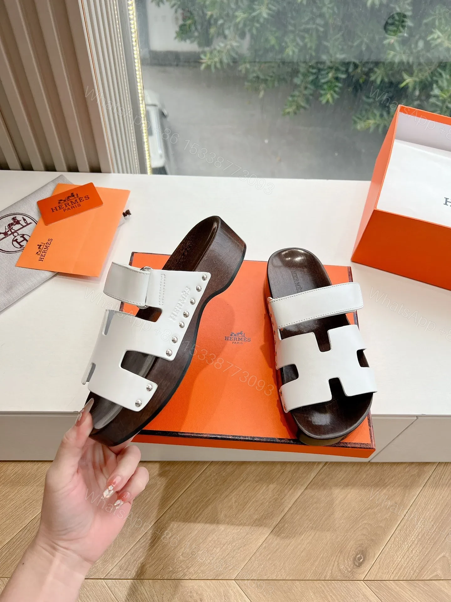 View 6 of Hermes Women White Leather Wood Insole Sandals