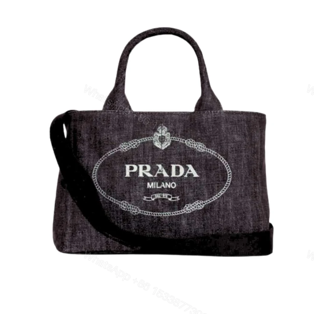 Prada Logo Printed Denim Tote Bag Black 26Cm — view 1