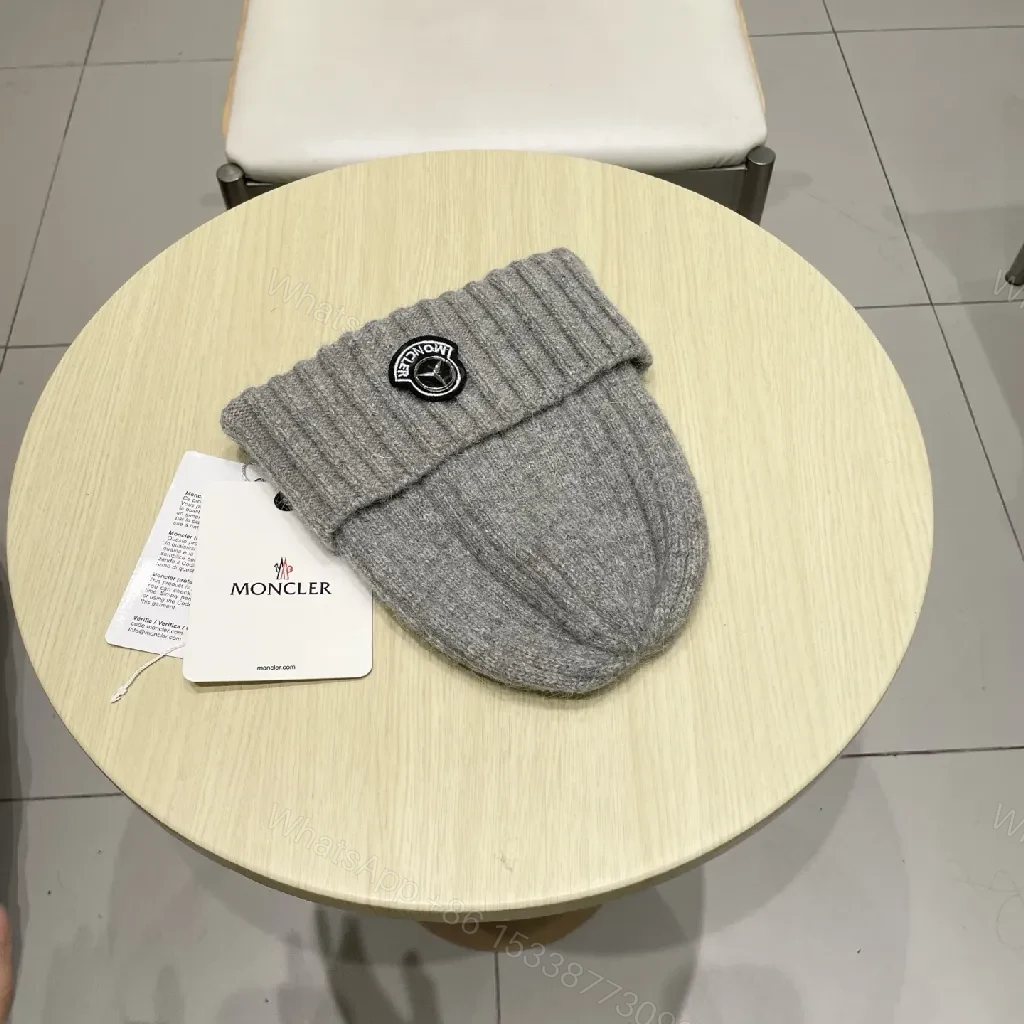 View 8 of Grey Knit Beanie - Premium Ribbed Style, Moncler Badge Feature