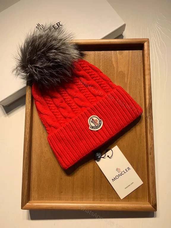 View 3 of Bold Red Cable-Knit Beanie with Pom-Pom, Moncler Style