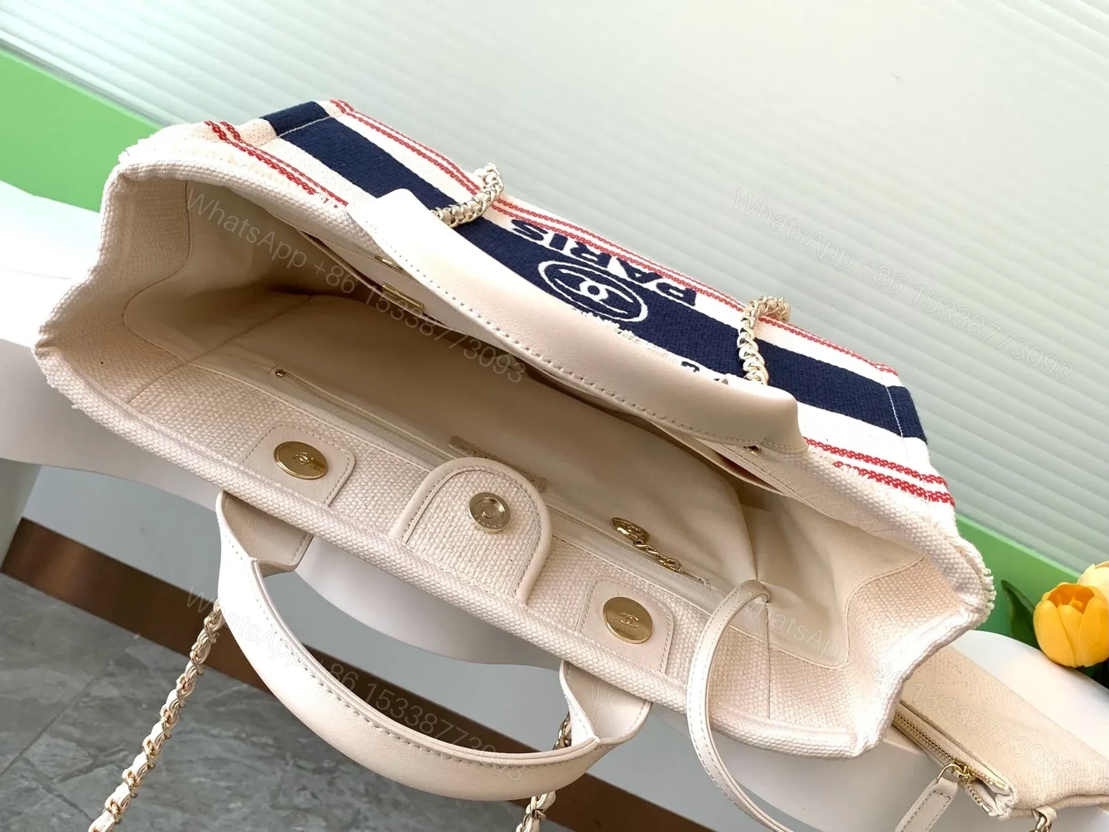 View 8 of CHANEL SHOPPING BAG 34 IN WHITE RED AND NAVY BLUE CANVAS