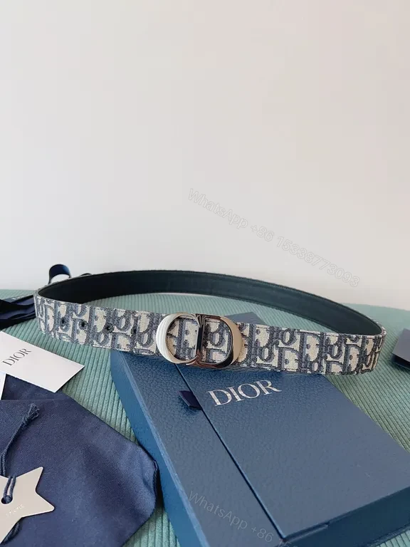 View 7 of Navy Dior Oblique Belt: Jacquard Texture & Silver Buckle