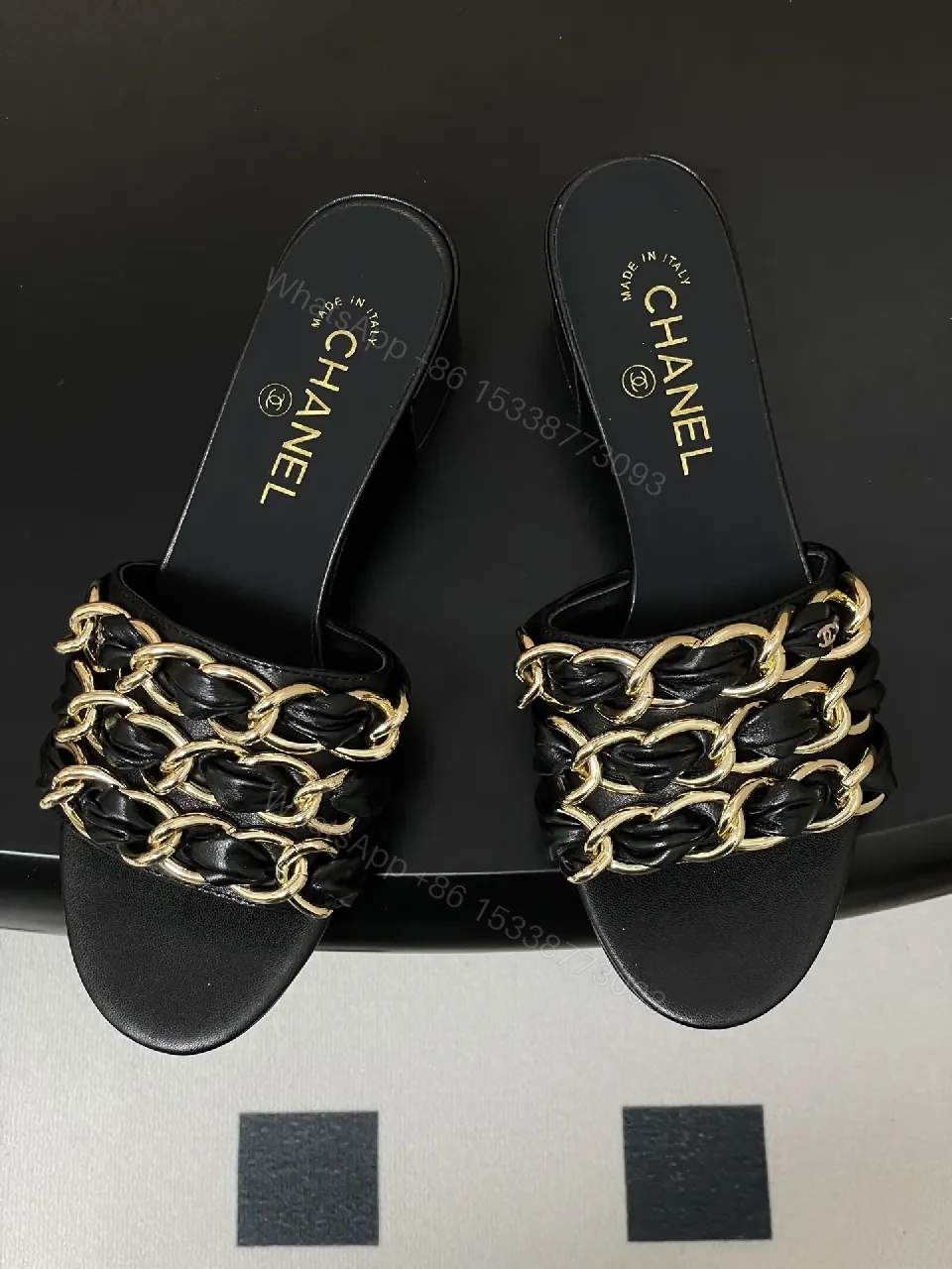 View 6 of Black Leather Chain-Detail Mules, Open-Toe, Low Block Heel
