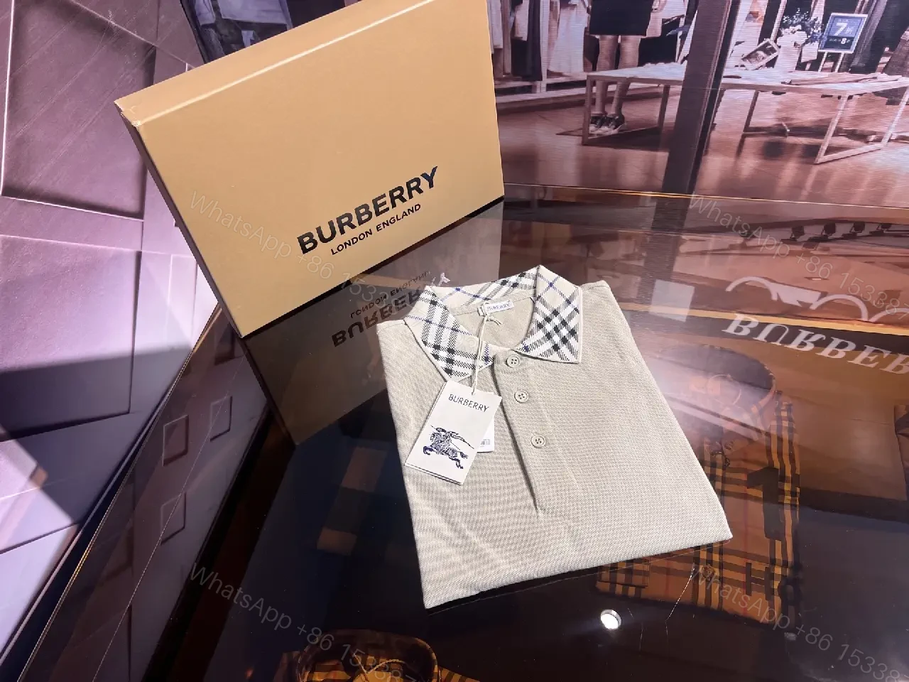 View 8 of Beige Polo Shirt + Cotton Knit + Minimalist + Signature Check Collar + Polo Shirt