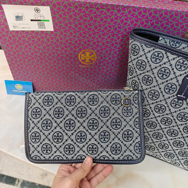 View 7 of First Copy Tory Burch T Monogram Large Zip Tote Bag Navy Blue