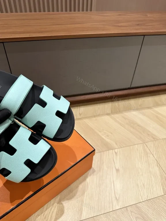 View 3 of Light Blue Leather H-Strap Sandals – Replica Hermes Style