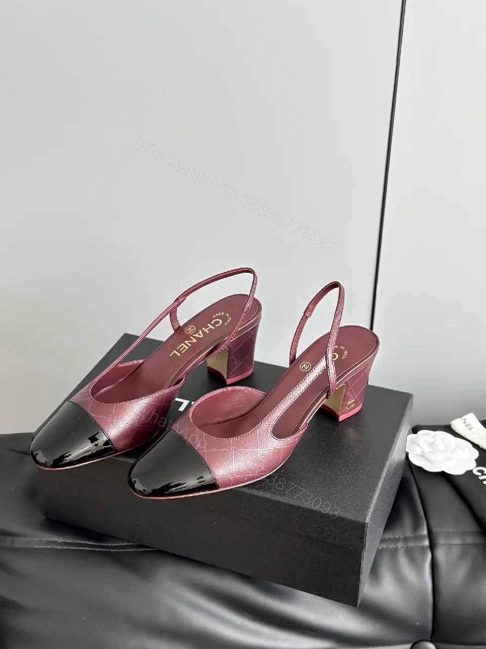 View 7 of Burgundy Leather Slingback Heels with Black Cap Toe
