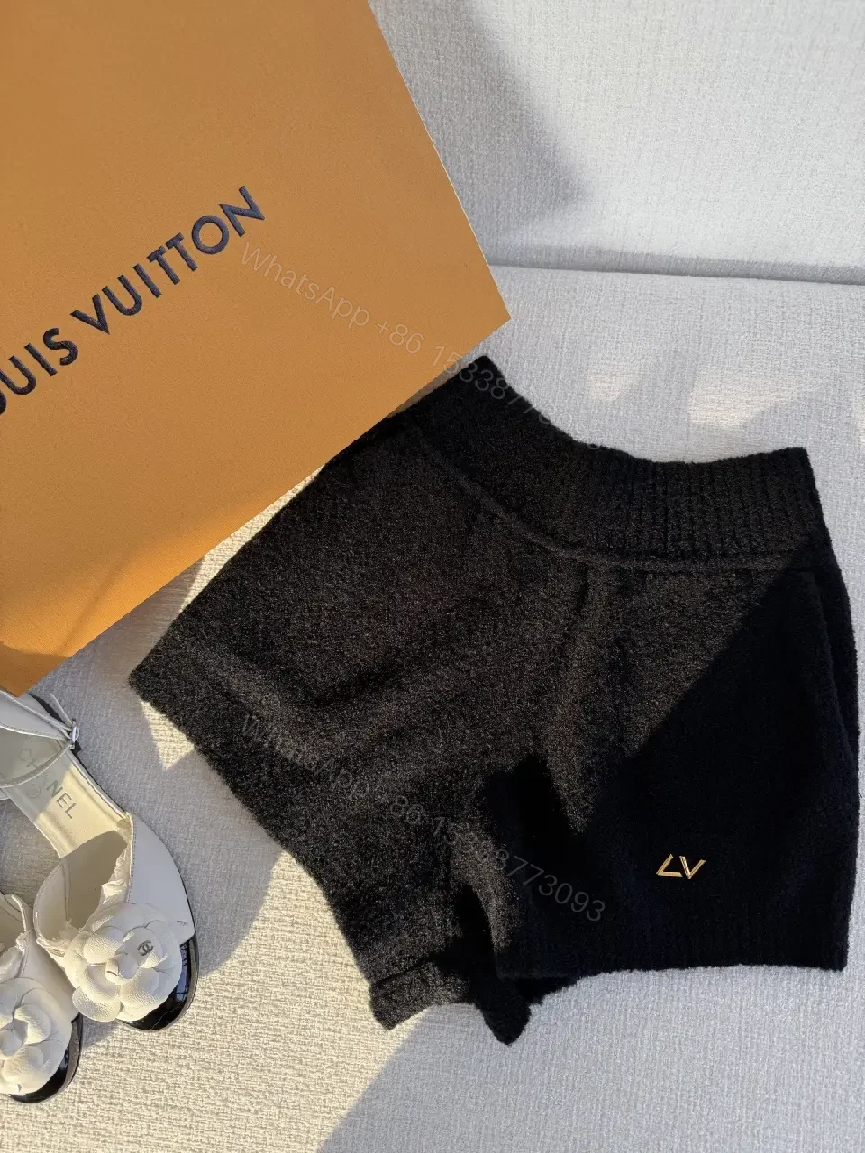 View 3 of Textured Knit Shorts with Subtle LV Accent - Elevated Comfort