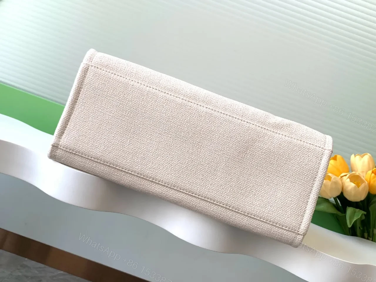 View 9 of Linen Tote: Structured Luxury with Subtle Stripe Accent