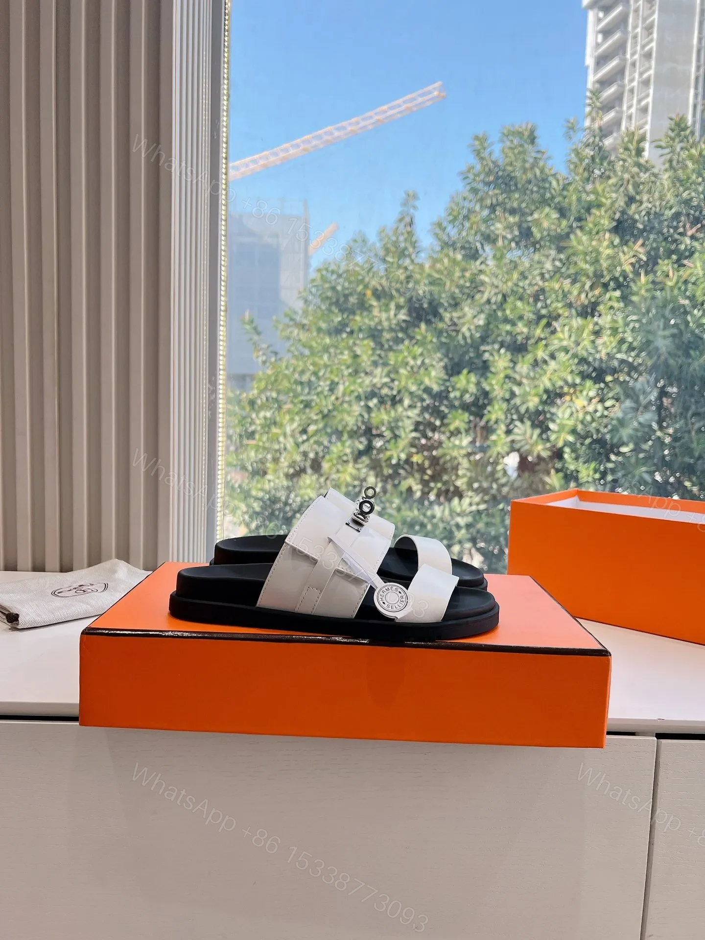 View 2 of Hermes Women White Leather Straps Flat Sandals