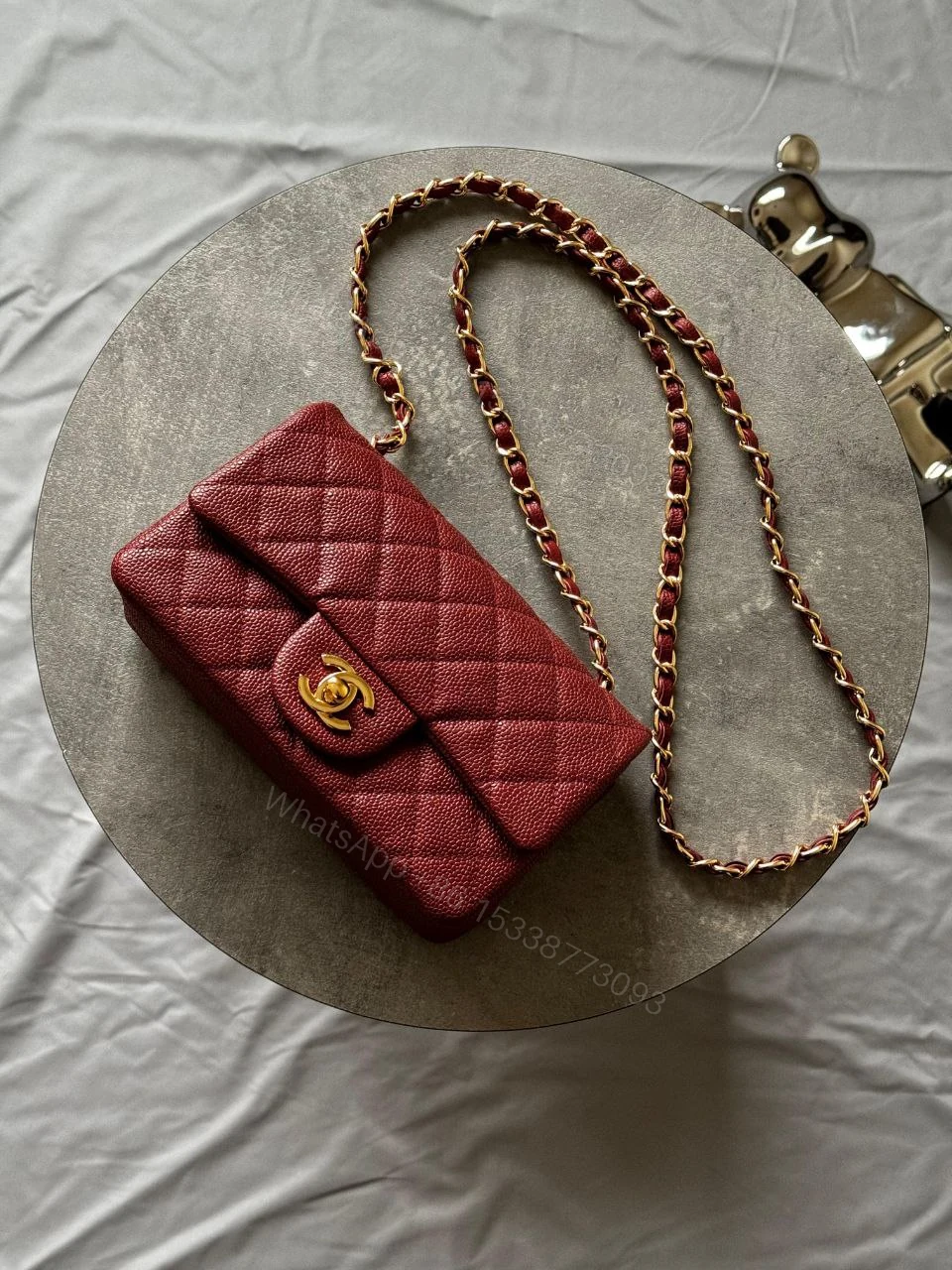 View 3 of Chanel Burgundy Red Quilted Caviar Classic Bag Gold Hardware
