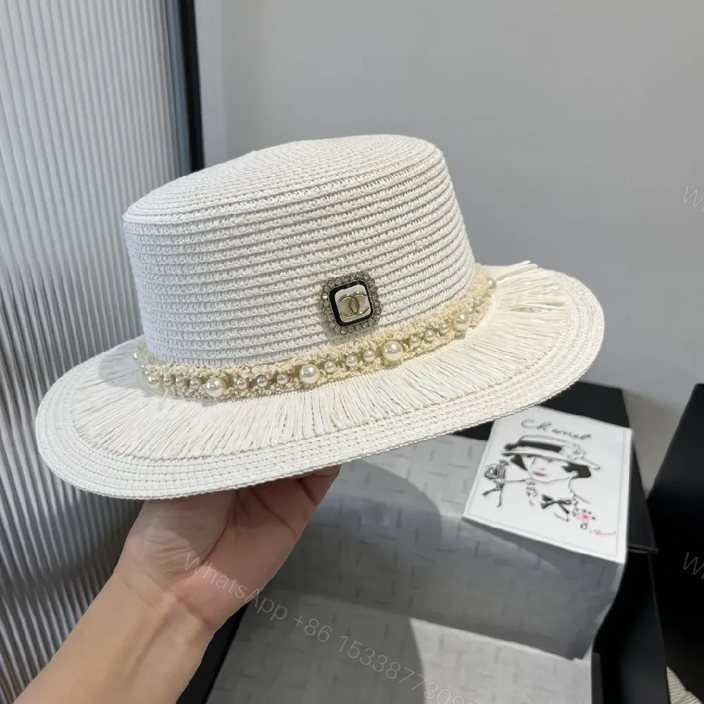 View 3 of Pearl-Trim Straw Hat: Luxe Chic, Effortless Style, Wide Brim