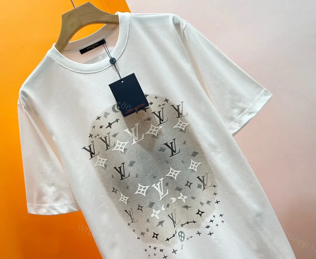 View 9 of White Cotton T-Shirt Circular LV Logo Graphic Diamonds Stars, Modern Style, Crew Neck, Short Sleeve, Black Neck Tag
