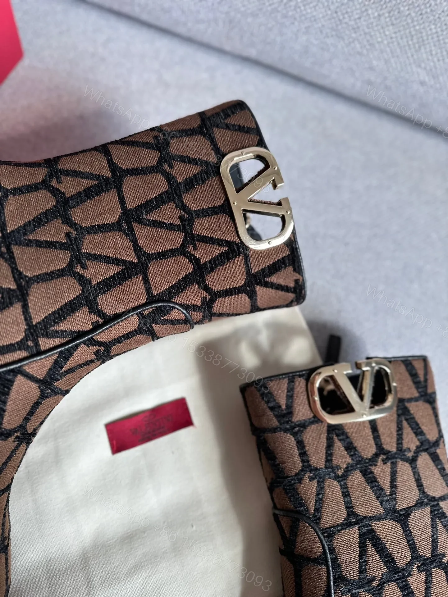 View 2 of Valentino Women Brown Fabric Logo Pattern Boots