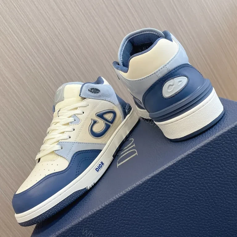 View 8 of Ivory Leather Dior-Inspired High-Top Sneakers with Blue Accents