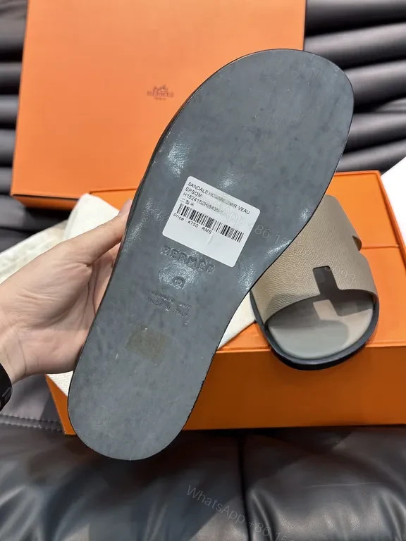View 3 of Hermes Oran H-Cutout Leather Sandal â€“ Taupe Calfskin Luxury