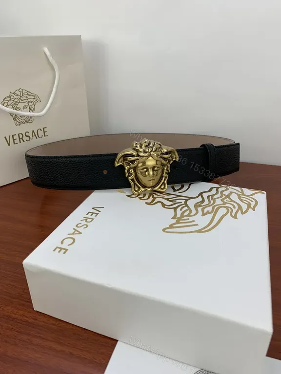 View 3 of Medusa Buckle Leather Belt - Luxury Gold Accent, Versace-inspired Style