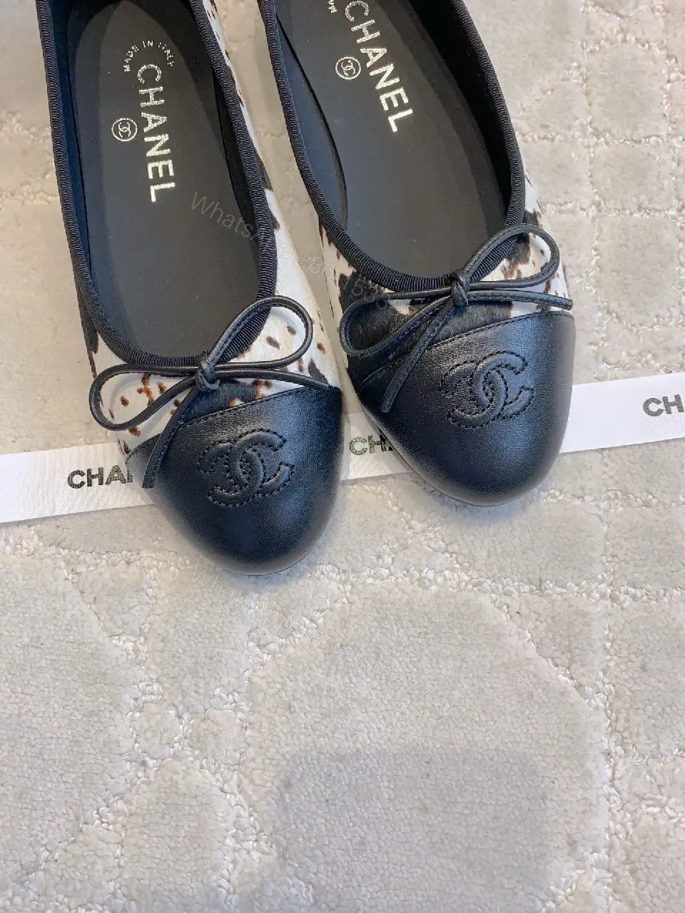 View 9 of Navy Leather Bicolor Ballet Flats with Leopard Panels, Comfort
