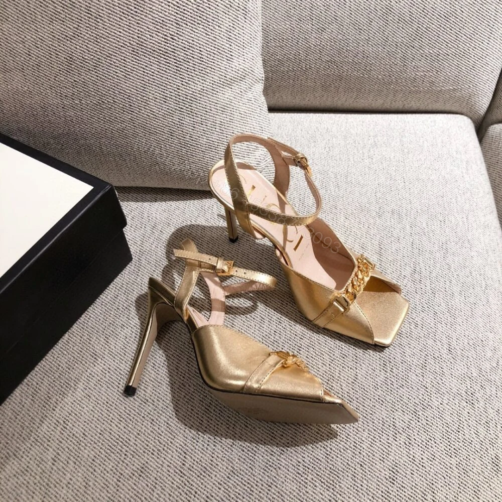 View 3 of Gucci Ankle Buckle Strap Sylvie Chain Sandals In Gold