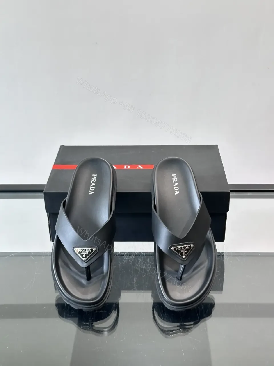 View 4 of Black Leather Prada Flip-Flops Chunky Sole Slide