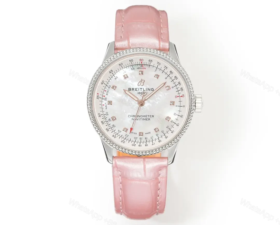 OM Factory Breitling Women’s Navitimer Automatic Watch – Pink Leather Strap, White Pearl Dial, Diamond Bezel — view 1