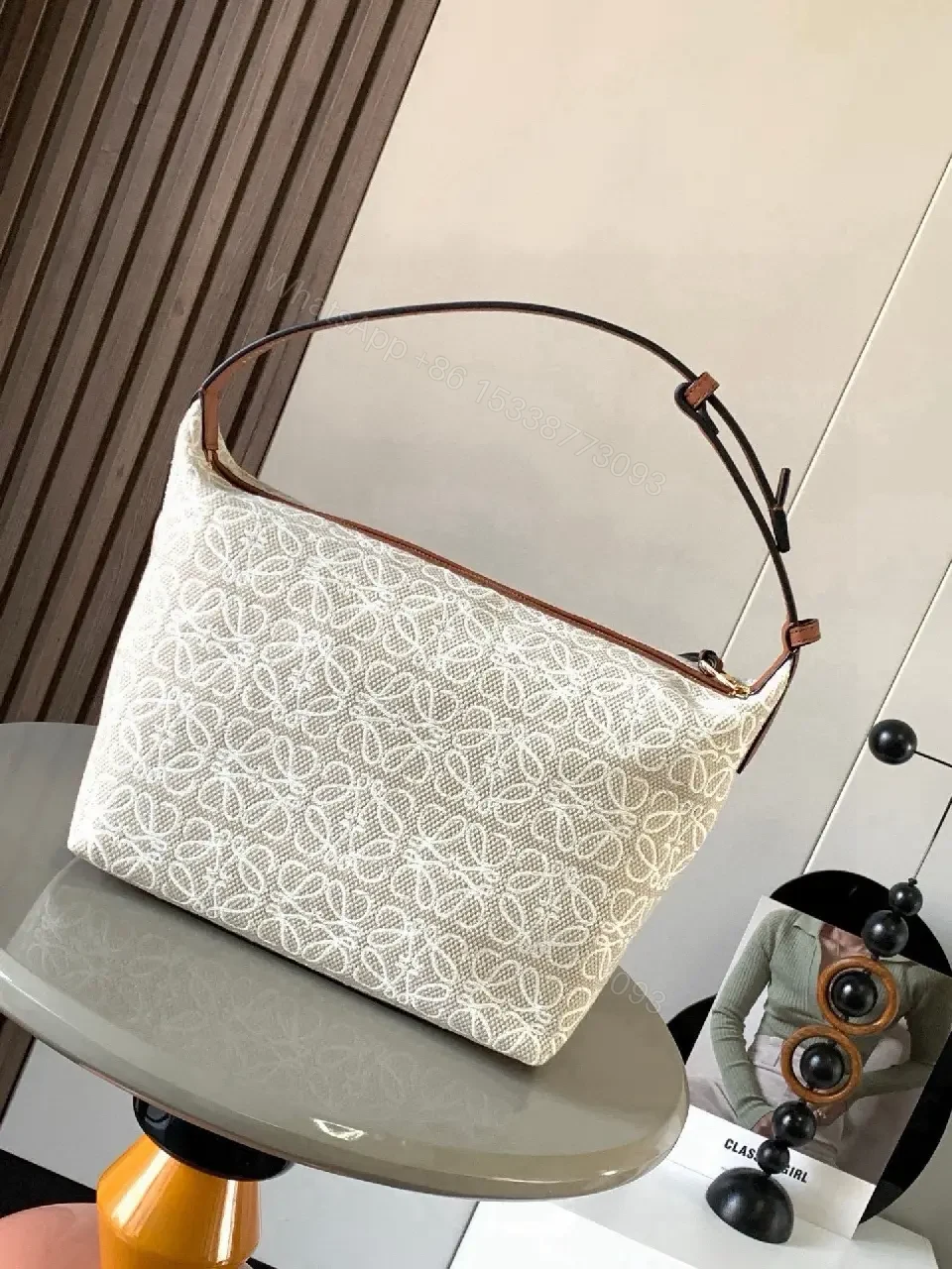 View 10 of Cream-Tone Interlocking Pattern Leather-Trim Tote Bag