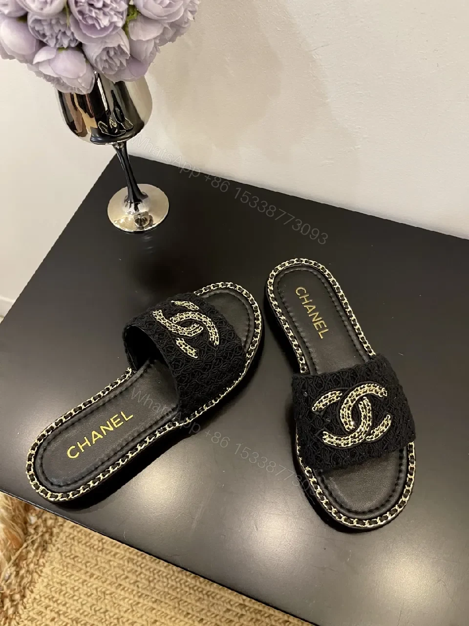 View 4 of Black Crochet Slide with Gold Chain Trim, Luxe Comfort