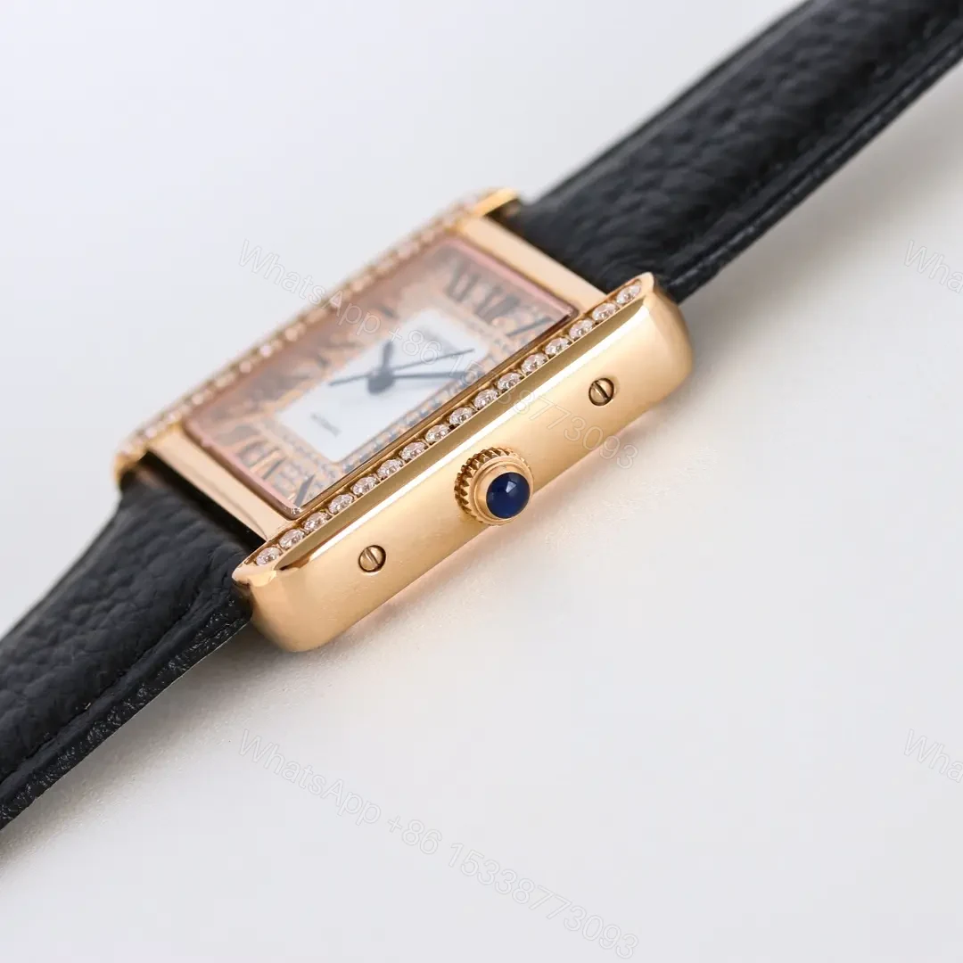 View 5 of KOR Factory Cartier Tank MK3 Women’s Automatic Mechanical Watch – Rose Gold with Diamond Bezel, Black Leather Strap