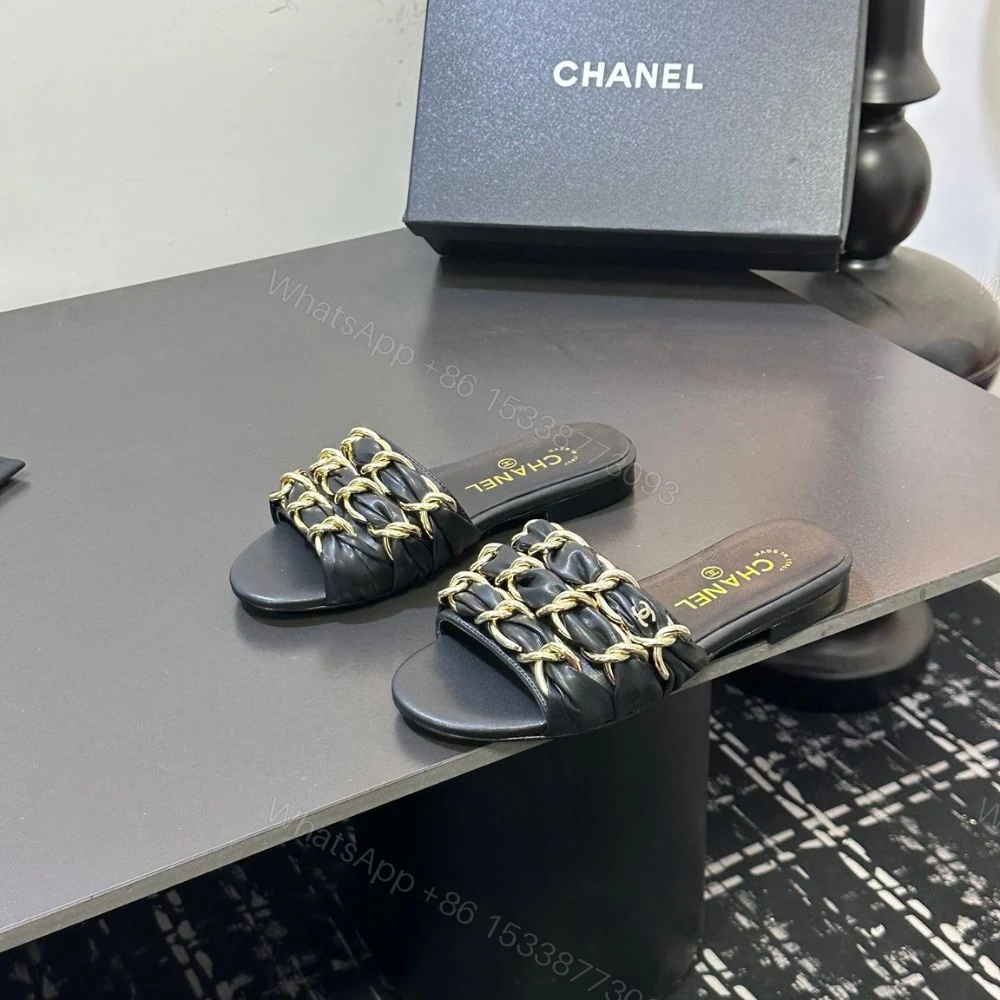 View 2 of Chanel Slide Sandals Gold Chain Black