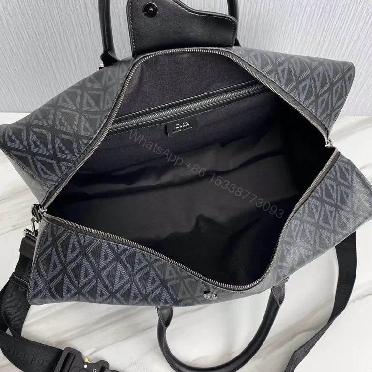 View 9 of Black + Leather + Modern/Geometric + DIOR Insignia + Duffel Bag