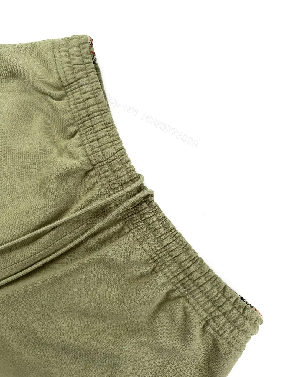 View 3 of Olive Cotton Drawstring Shorts with Plaid Side Stripes