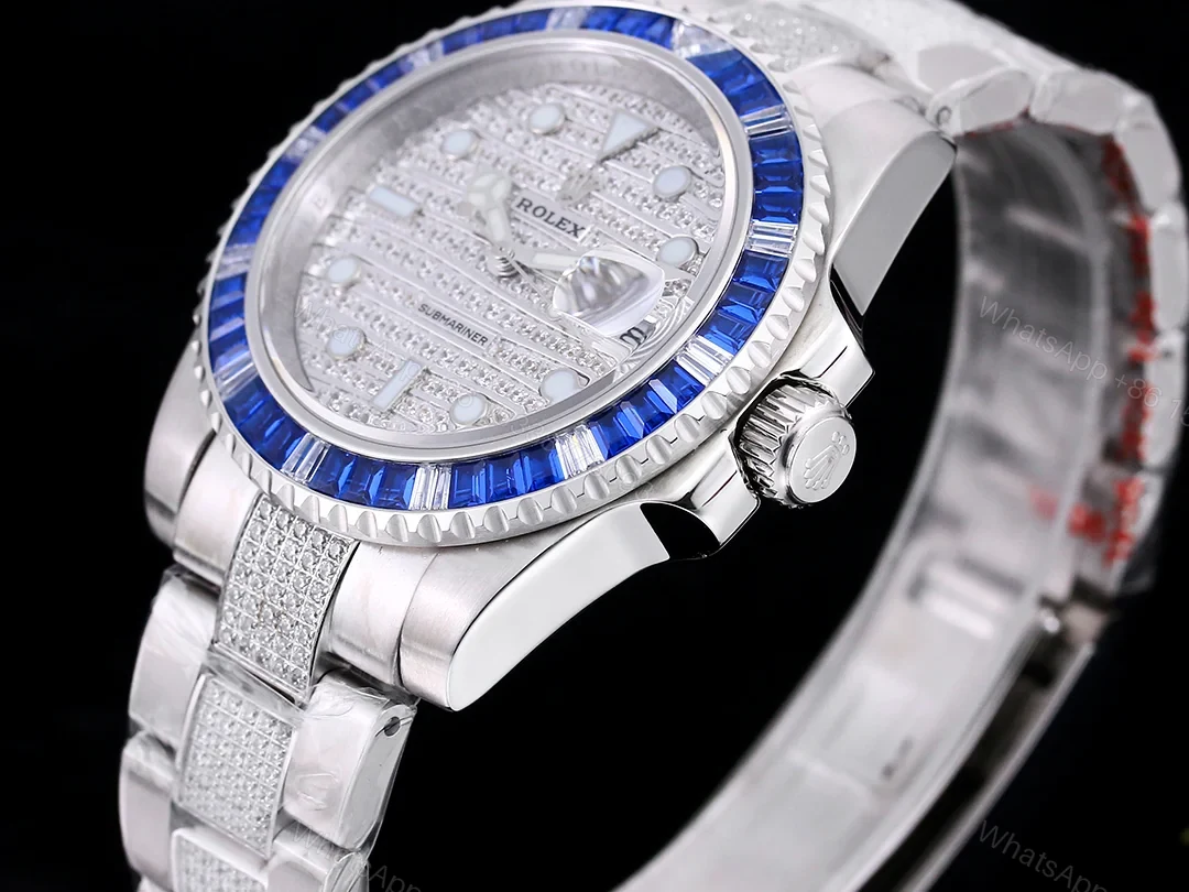 View 6 of Rolex Submariner White Diamond Replica 42MM Exclusive Blue Baguette Bezel Steel Oyster Bracelet RG-ROLEX-SUB-WHITE-DIAMOND-42