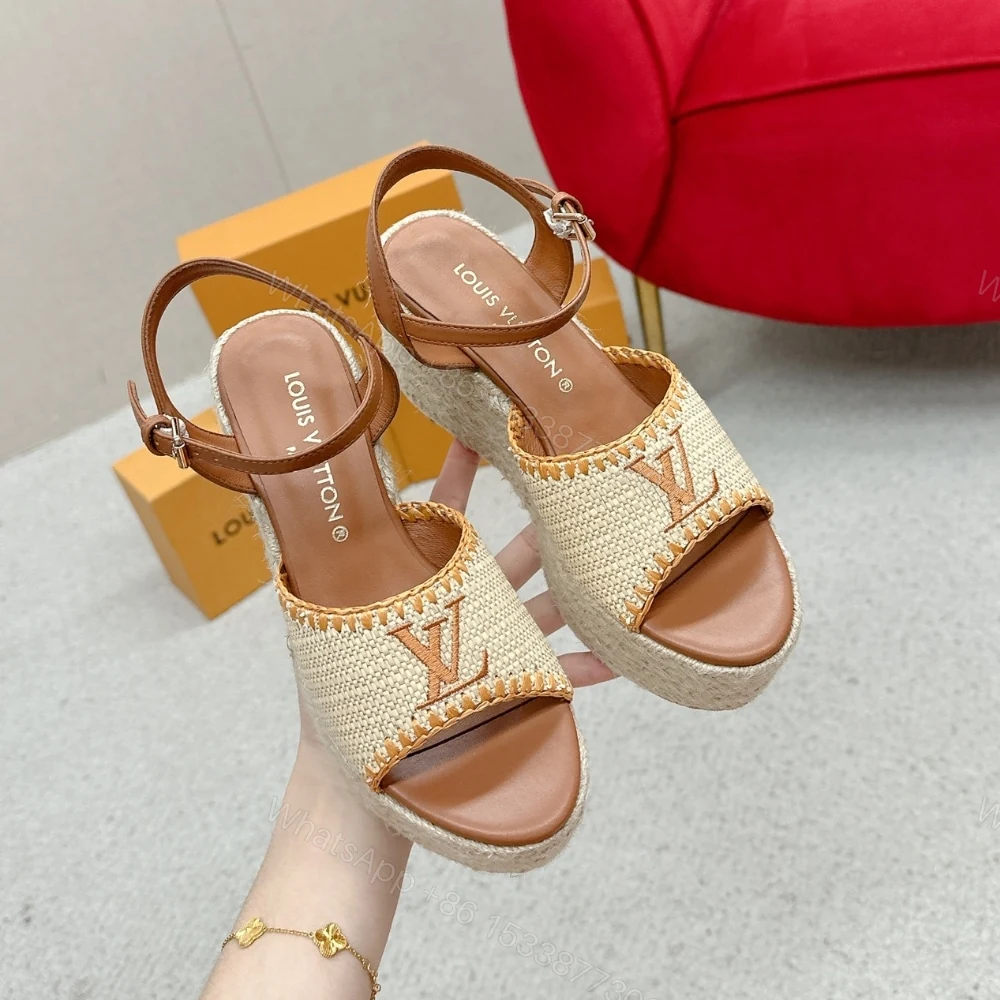 View 3 of LOUIS VUITTON HELIOS WEDGE SANDAL RAFFIA BROWN