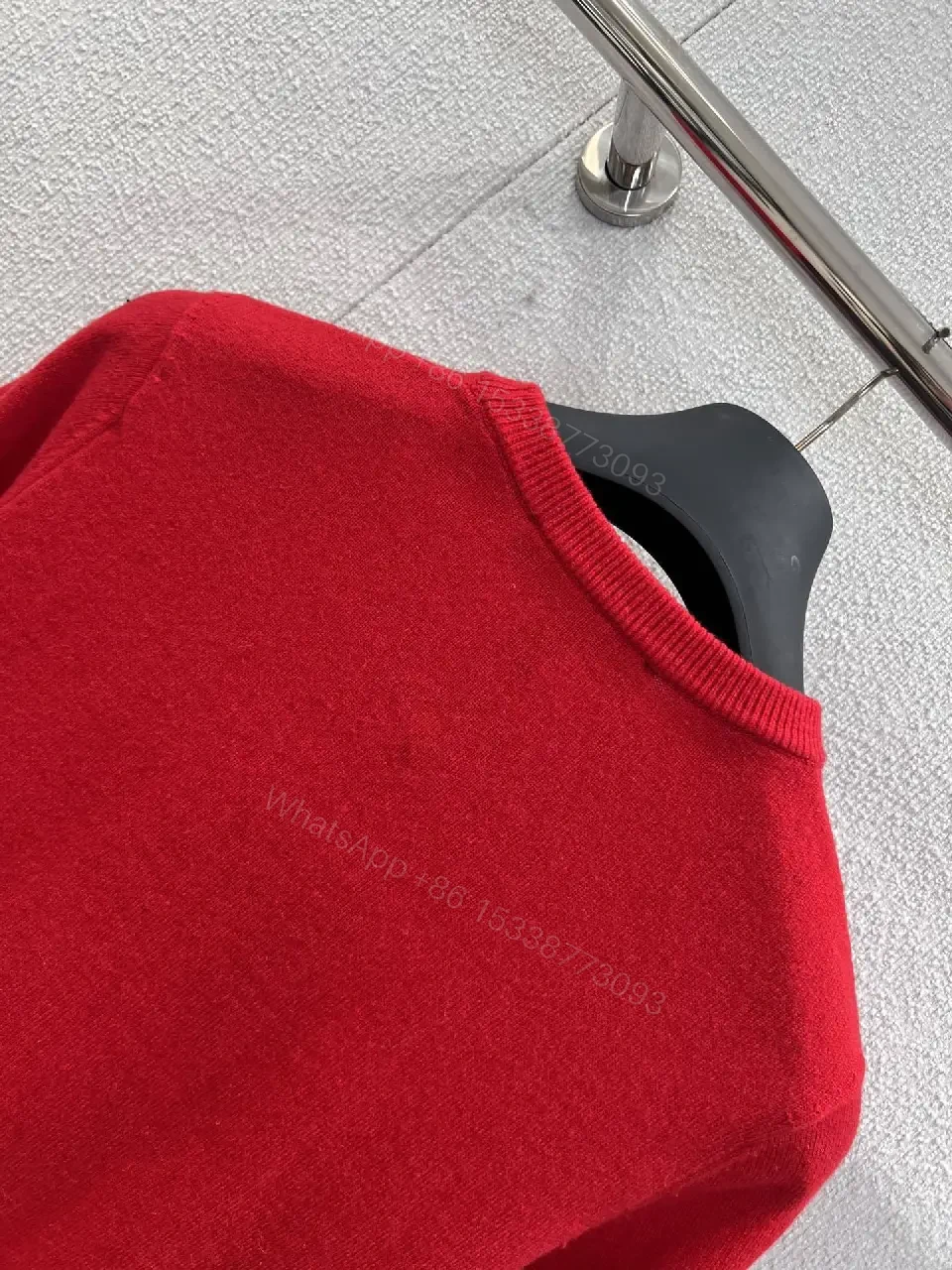 View 9 of Red Knit Crewneck with White Script Sweater Edge