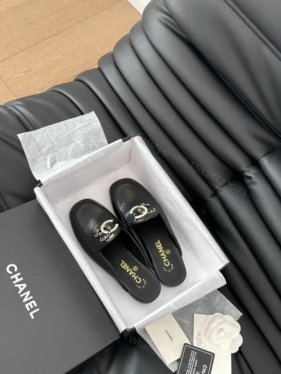 View 6 of Chanel-Inspired Black Leather Slip-Ons with Signature Hardware
