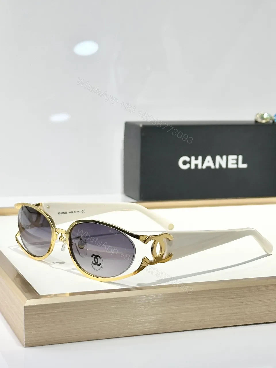View 2 of Gold-Trim Round Sunglasses: Luxe Leather-Feel Frame, Gradient Lenses