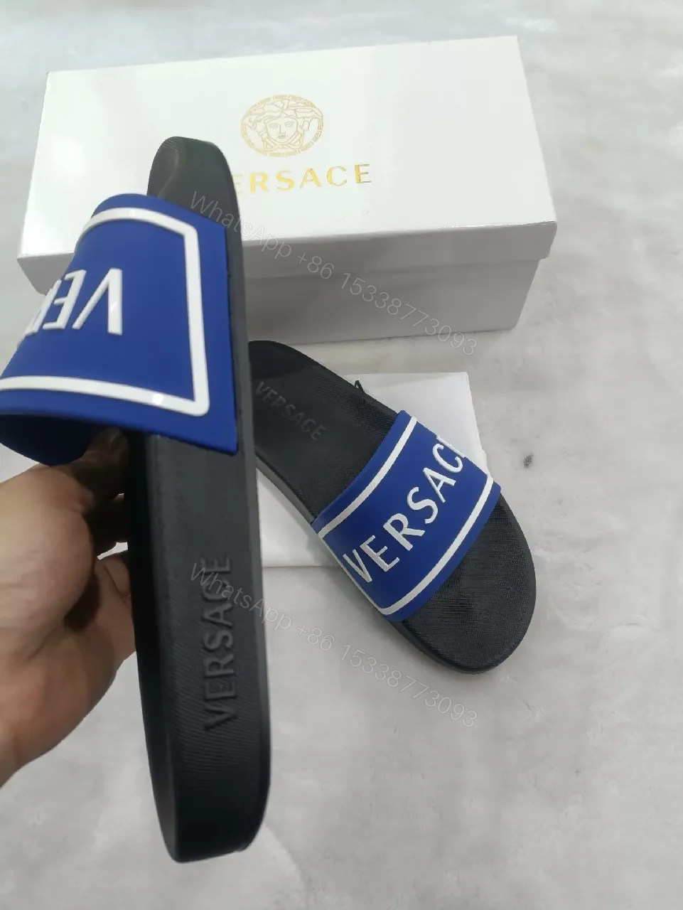 View 3 of Bold Logo Stride Sliders: Blue-White Luxury Comfort Sandals
