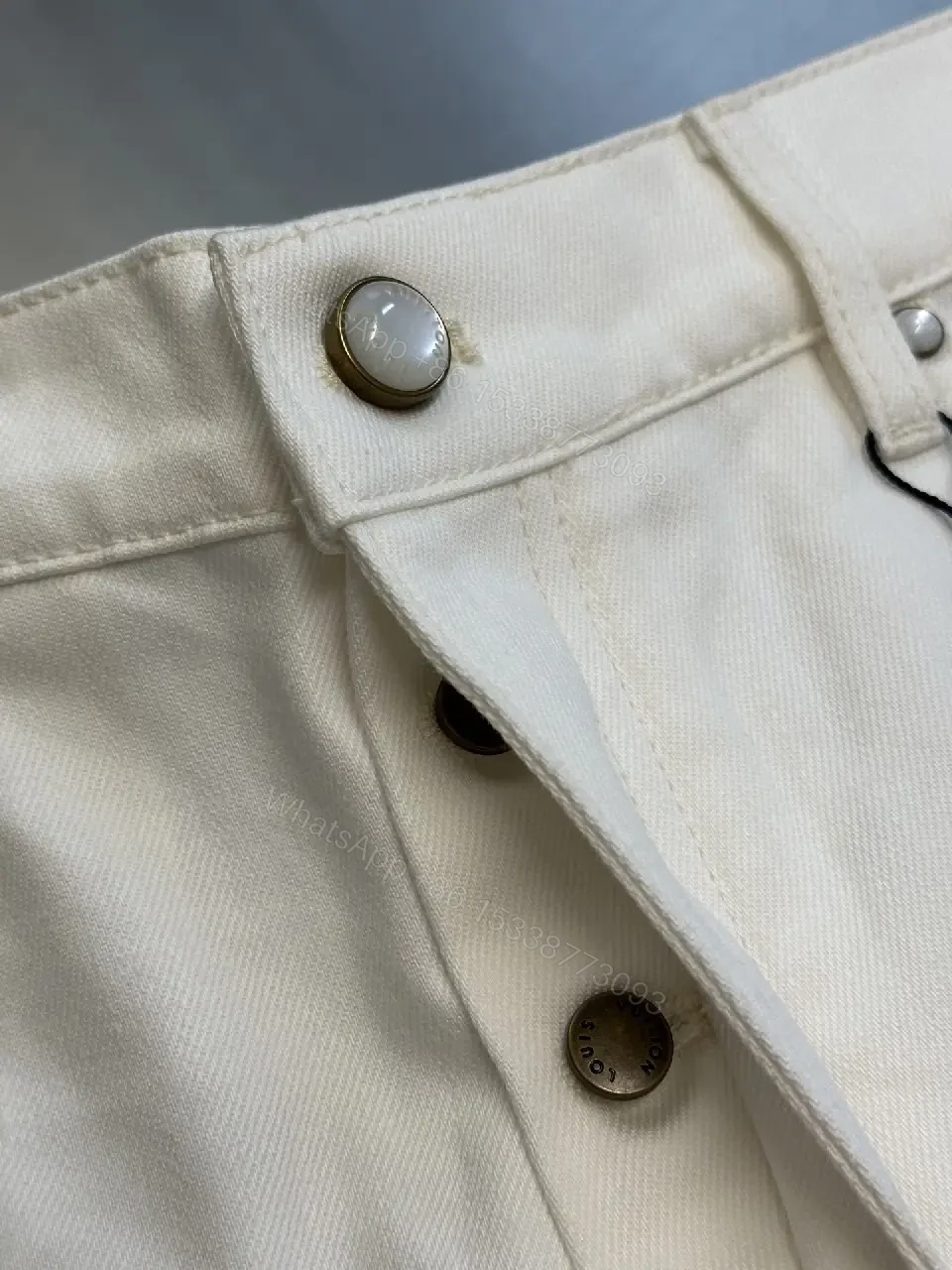 View 6 of Off-White/Cream Straight-Leg Trousers, Minimal Silk-Like, Zipper Fly