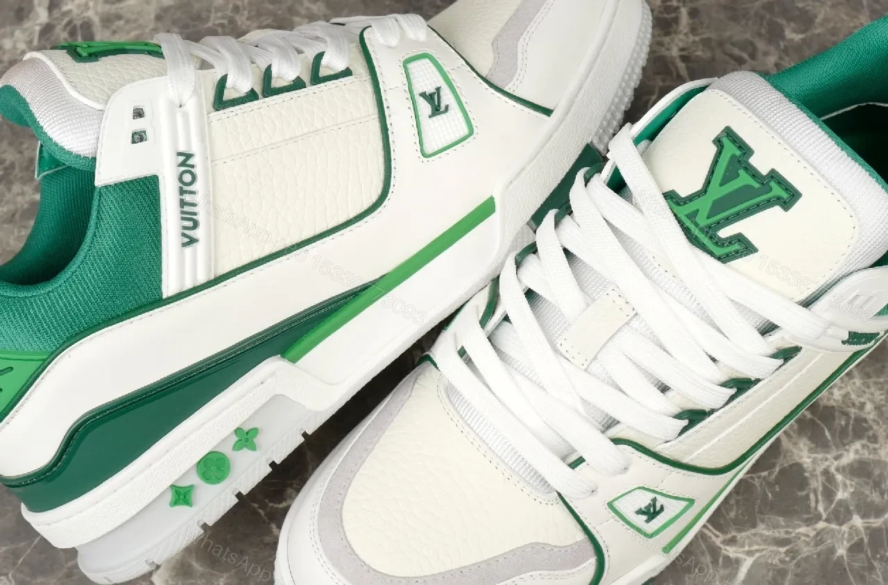 View 2 of White & Green Luxe-Style Sneakers with Signature Detailing