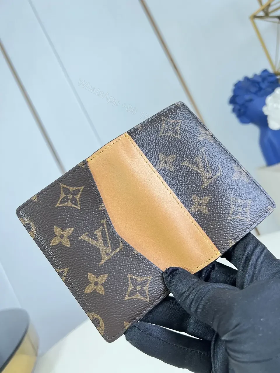 View 2 of Brown Canvas LV Monogram Wallet with Orange Trim Cardholder, Clasp Closure