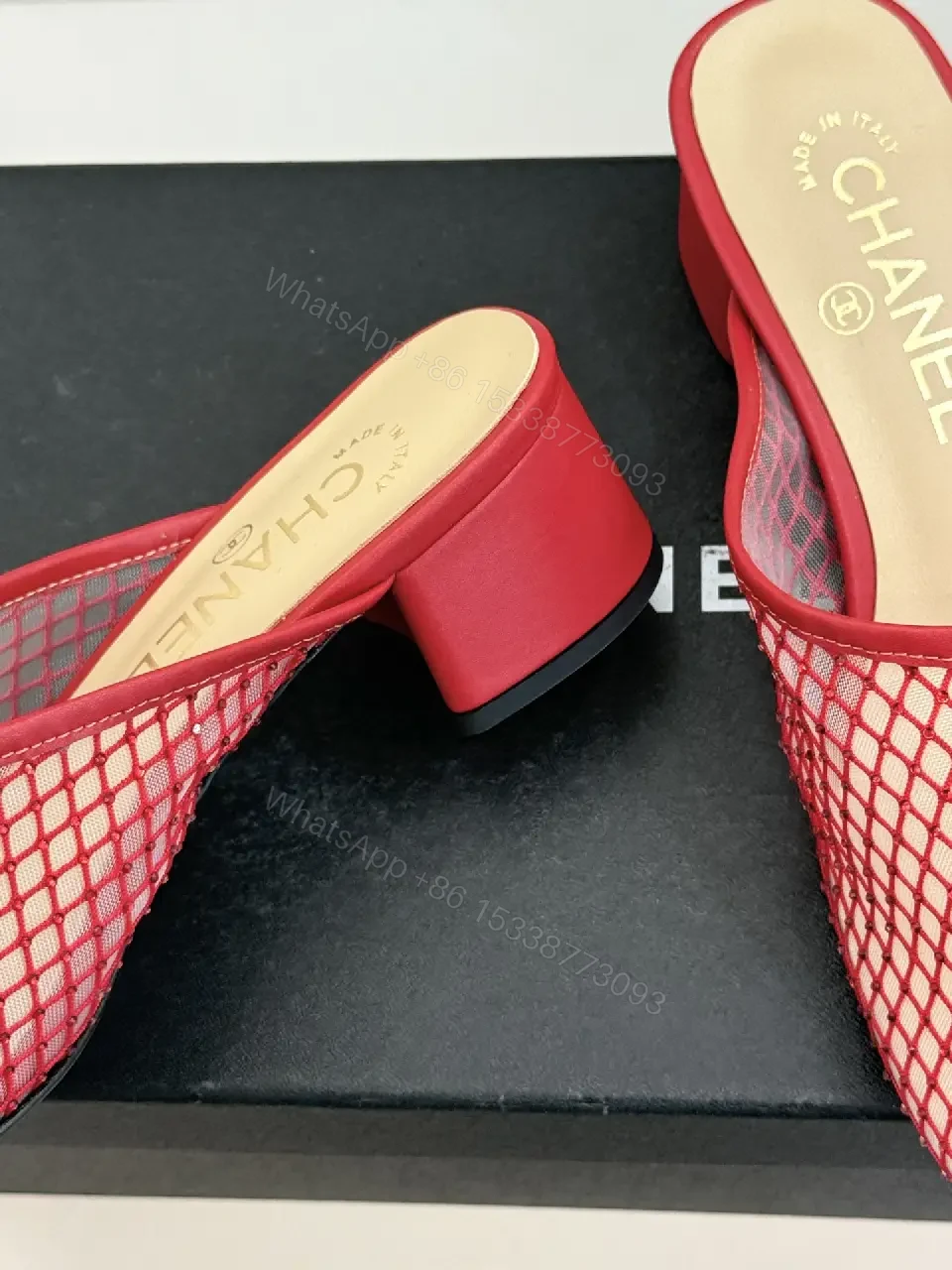 View 2 of Red Mesh Mules Silver CC Logo, Block Heel, Chanel Style Shoes