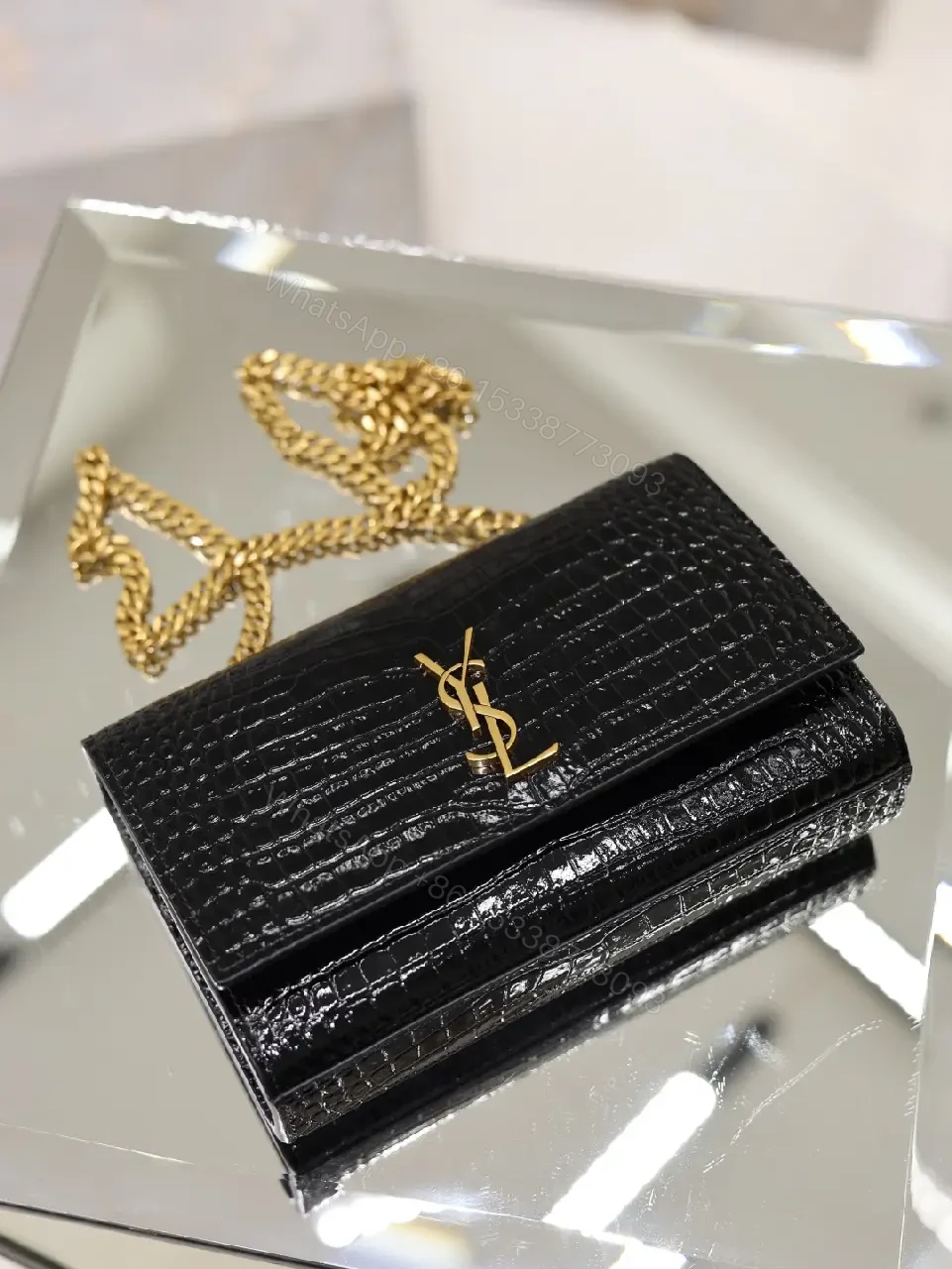 View 8 of Black Crocodile-Embossed Leather Mini Shoulder Bag with Gold YSL Logo
