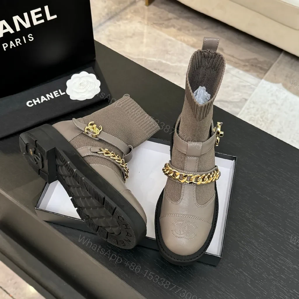 View 7 of Taupe Knit Sock-Ankle Boots with Leather Accents and Gold Chain
