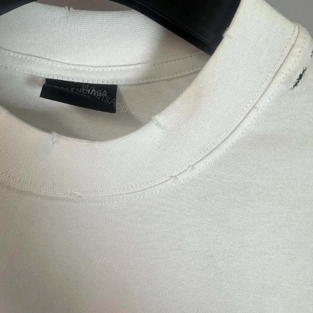 View 4 of White Cotton Blend Tee, Balenciaga-Inspired Graphic, Long Sleeve Tee