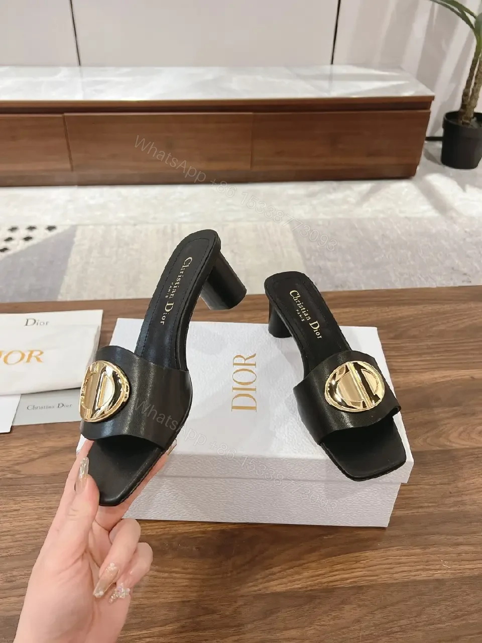 View 6 of Black Leather Sandals with Gold Logo Buckle, Dior Style, Slide Sandals