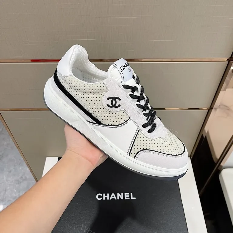Chanel-Inspired White/Black Perforated High-Top Sneaker, Luxury Comfort — view 1