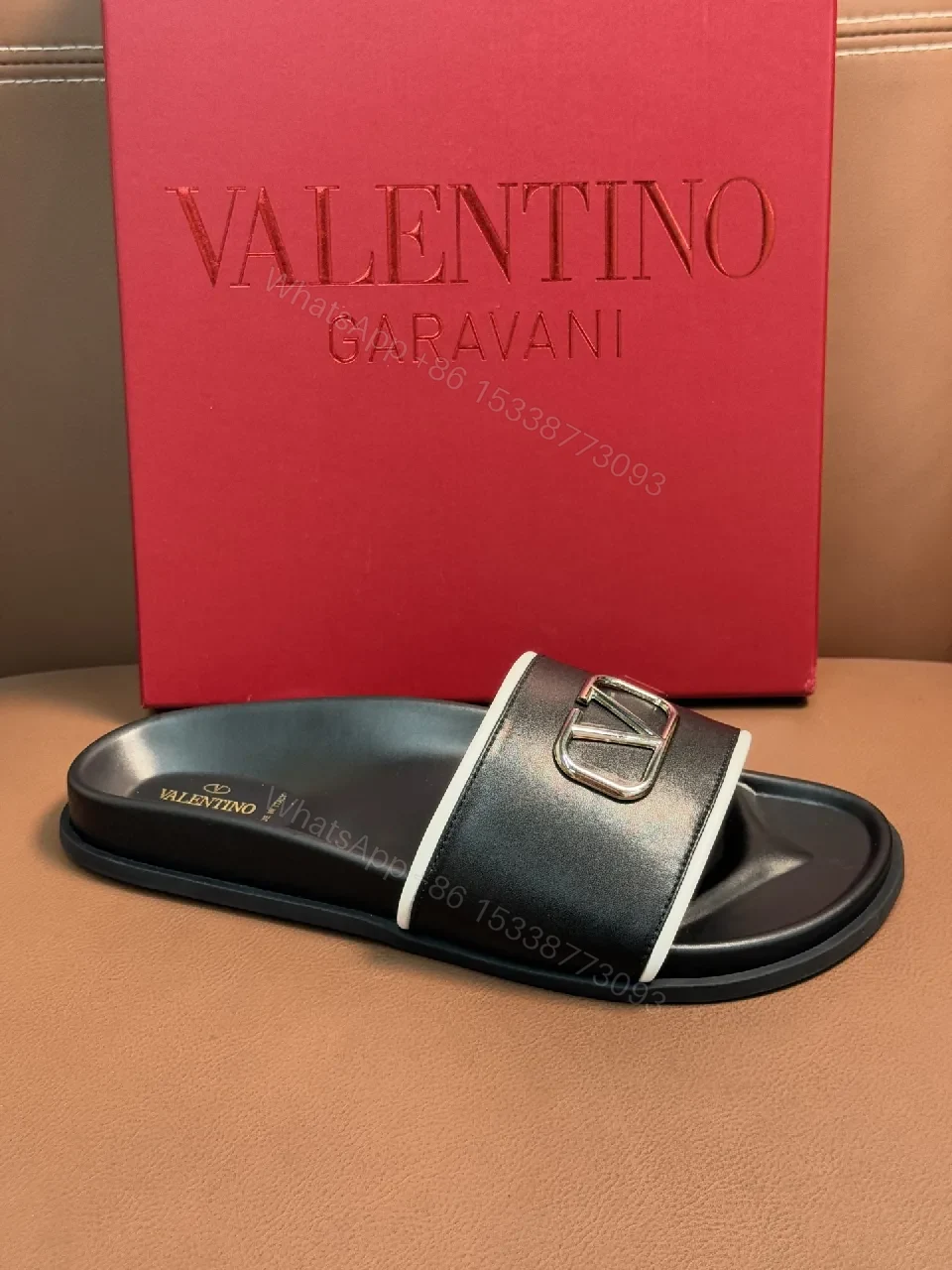View 5 of Black Leather Slide with Contrast piping, Comfort, Designer-Inspired Slide
