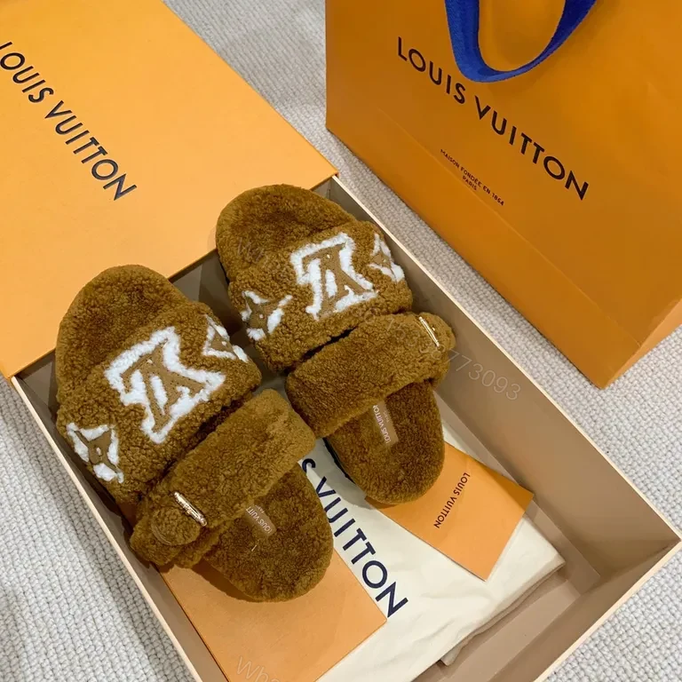 View 8 of Plush LV Monogram Fur Slides â€“ All-Day Luxury Comfort